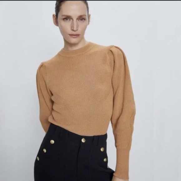 Zara Puff Sleeve mock neck Knit Sweater - Picture 1 of 5